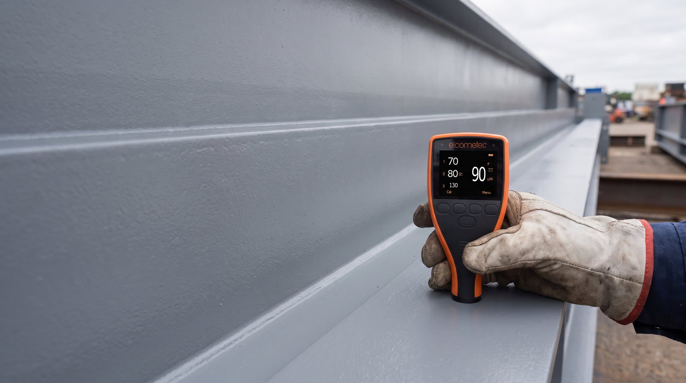 A coatings inspector holds an Elcometer 456 gauge against the painted surface of a fabricated steel structure to take a dry film thickness reading